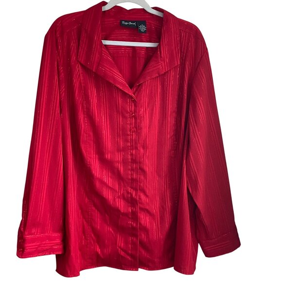 Maggie Barnes Womens Sz 3X Top Blouse Shirt Red Striped Button-Up Metallic - Picture 1 of 12